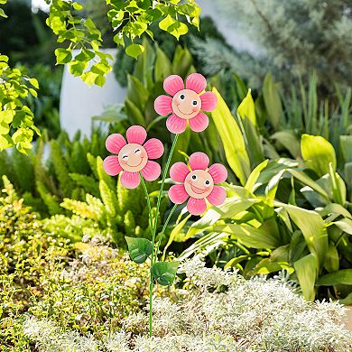 Glitzhome 36"H Garden Metal Triple Happy Face Flower Yardstake, Wall Decor