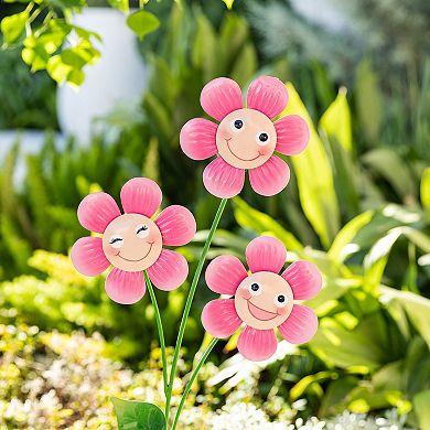 Glitzhome 36"H Garden Metal Triple Happy Face Flower Yardstake, Wall Decor