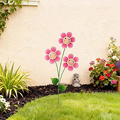 Glitzhome 36"H Garden Metal Triple Happy Face Flower Yardstake, Wall Decor