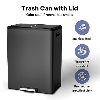 16 Gallon Kitchen Dual Trash Can,Stainless Steel Garbage Bin with Removable Bucket,Step Pedal