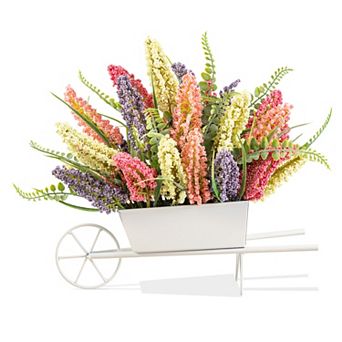 Glitzhome 11"H Pink, Purple & Yellow Mixed Heather Cart Centerpiece