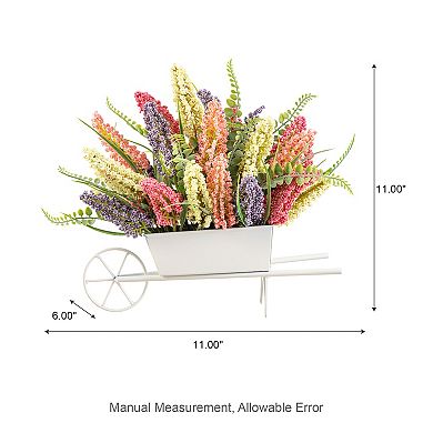 Glitzhome 11"H Pink, Purple & Yellow Mixed Heather Cart Centerpiece