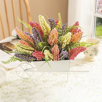 Glitzhome 11"H Pink, Purple & Yellow Mixed Heather Cart Centerpiece