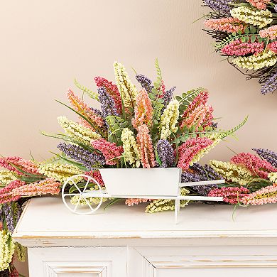 Glitzhome 11"H Pink, Purple & Yellow Mixed Heather Cart Centerpiece