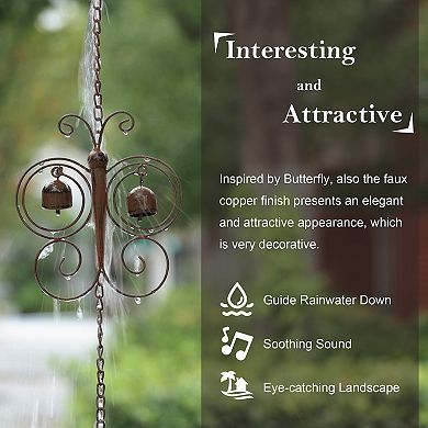 Glitzhome 8-Piece Faux Copper Butterfly Shaped Rain Chain with V-Shaped Gutter Clip, 8.5ft