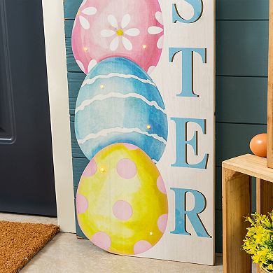 Glitzhome 42"H Lighted Wooden Stacked Eggs Happy Easter Porch Sign w/Timer