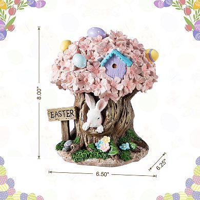 Glitzhome 8"H Easter Tabletop Centerpiece, Resin Bunny & Pink Blossoms Table Decor