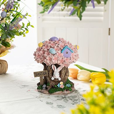 Glitzhome 8"H Easter Tabletop Centerpiece, Resin Bunny & Pink Blossoms Table Decor