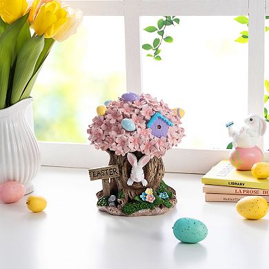 Glitzhome 8"H Easter Tabletop Centerpiece, Resin Bunny & Pink Blossoms Table Decor