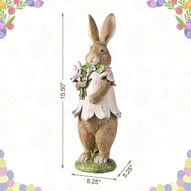 Glitzhome 15.5"H Easter Resin Bunny Girl Table Decor with Flowers