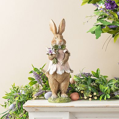 Glitzhome 15.5"H Easter Resin Bunny Girl Table Decor with Flowers