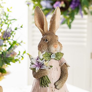 Glitzhome 15.5"H Easter Resin Bunny Girl Table Decor with Flowers