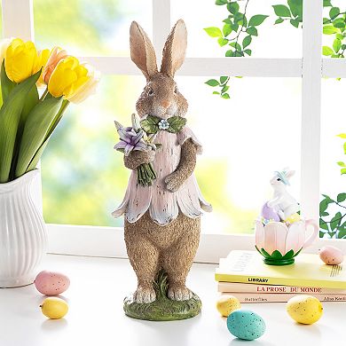 Glitzhome 15.5"H Easter Resin Bunny Girl Table Decor with Flowers