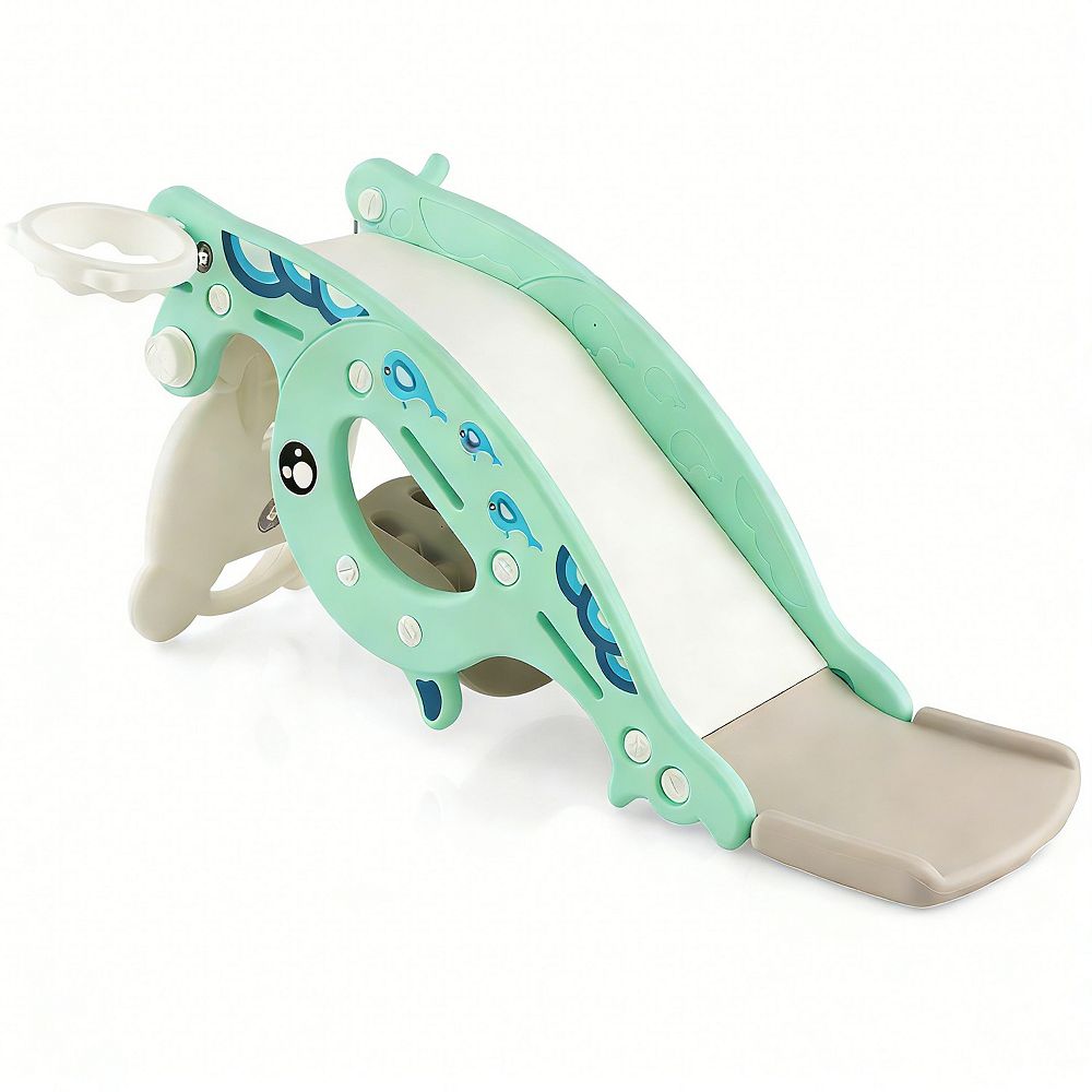 4-in-1 Kids Slide Rocking Horse with Basketball and Ring Toss-Green