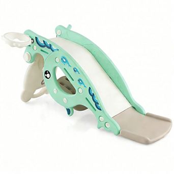 4-in-1 Kids Slide Rocking Horse with Basketball and Ring Toss-Green