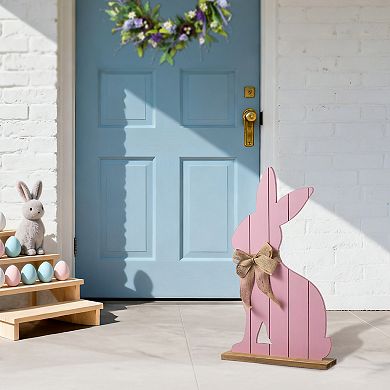Glitzhome 24"H Wooden Pink Bunny Porch Decor, Panel-styled Easter Porch Displays