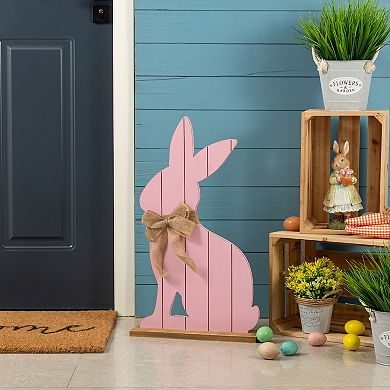 Glitzhome 24"H Wooden Pink Bunny Porch Decor, Panel-styled Easter Porch Displays