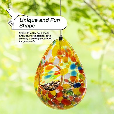 Glitzhome 6.75''H Glass Water Drop Hanging Orange Dots Bird Feeder