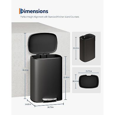 13gal Trash Can with Lid,Step-on Stainless Steel Kitchen Garbage Can with Inner Bucket,Handle