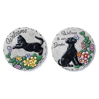 Glitzhome 10"D Cement Cat and Dog Textured Stepping Stones, Set of 2
