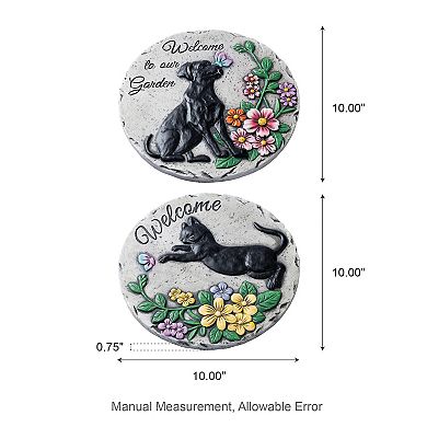 Glitzhome 10"D Cement Cat and Dog Textured Stepping Stones, Set of 2