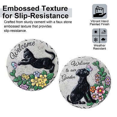 Glitzhome 10"D Cement Cat and Dog Textured Stepping Stones, Set of 2