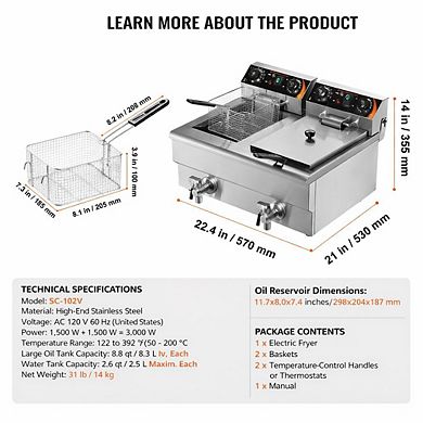 Commercial Electric Deep Fryer with Dual Tanks Temperature Control and Baskets for Kitchen Use
