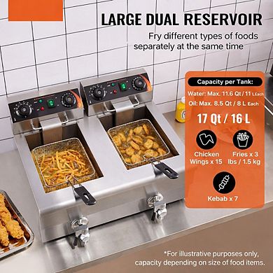 Commercial Electric Deep Fryer with Dual Tanks Temperature Control and Baskets for Kitchen Use