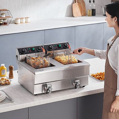 Commercial Electric Deep Fryer with Dual Tanks Temperature Control and Baskets for Kitchen Use