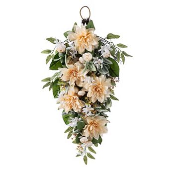 Glitzhome 28"H Peach Dahlia Floral Teardrop Swag, Teardrop Wreath for Door Wall Mantel Window