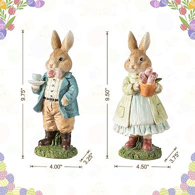 Glitzhome 9.75"H Easter Resin Tabletop Decoration, Bunny Couple Table Decor with Coffee and Tulips