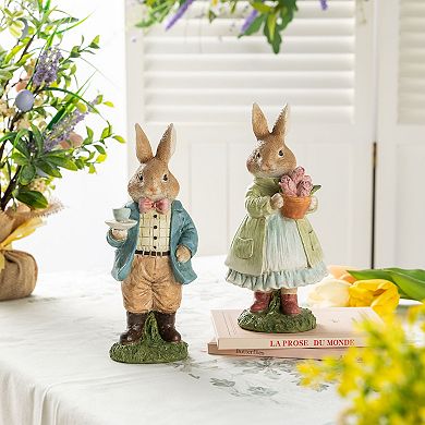 Glitzhome 9.75"H Easter Resin Tabletop Decoration, Bunny Couple Table Decor with Coffee and Tulips