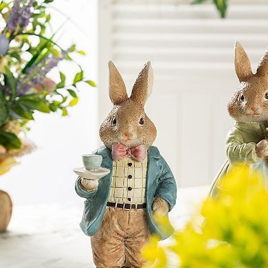 Glitzhome 9.75"H Easter Resin Tabletop Decoration, Bunny Couple Table Decor with Coffee and Tulips