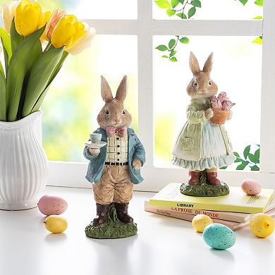 Glitzhome 9.75"H Easter Resin Tabletop Decoration, Bunny Couple Table Decor with Coffee and Tulips