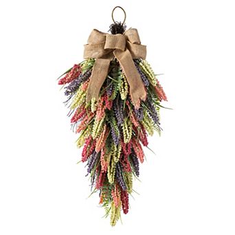 Glitzhome 28"H Teardrop Wreath - Pink, Purple & Yellow Mixed Heather Teardrop Swag