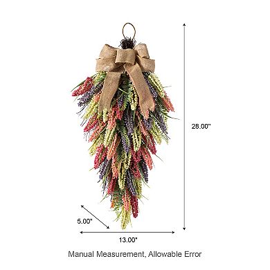 Glitzhome 28"H Teardrop Wreath - Pink, Purple & Yellow Mixed Heather Teardrop Swag