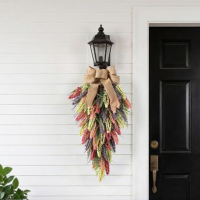 Glitzhome 28"H Teardrop Wreath - Pink, Purple & Yellow Mixed Heather Teardrop Swag