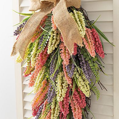 Glitzhome 28"H Teardrop Wreath - Pink, Purple & Yellow Mixed Heather Teardrop Swag