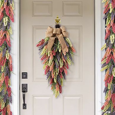 Glitzhome 28"H Teardrop Wreath - Pink, Purple & Yellow Mixed Heather Teardrop Swag