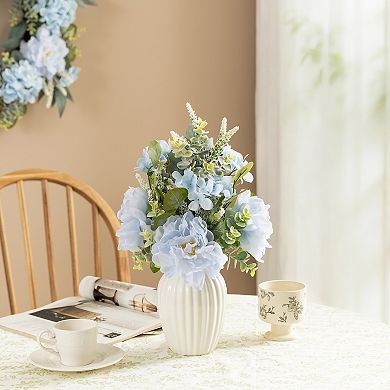 Glitzhome 18"H Blue Peony & Hydrangea with Ceramic Vase Centerpiece