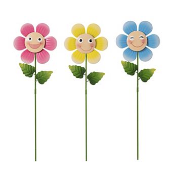 Glitzhome Set of 3 Metal Happy Face Flower Pick, Wall Decor, 18"H