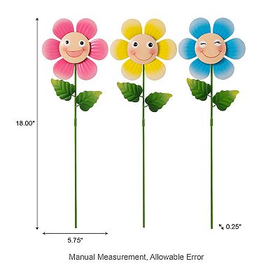 Glitzhome Set of 3 Metal Happy Face Flower Pick, Wall Decor, 18"H