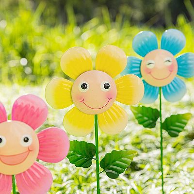 表札☆happyフラワー150☆ Glitzhome Set of 3 Metal Happy Face Flower Pick, Wall Decor, 18