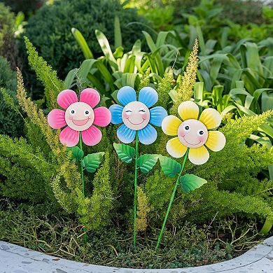 Glitzhome Set of 3 Metal Happy Face Flower Pick, Wall Decor, 18"H