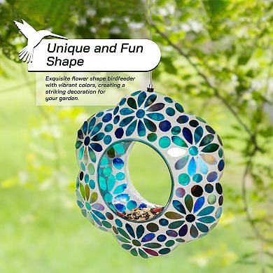 Glitzhome 8.5''D Glass Flower Shaped Hanging Multi-Color Mosaic Bird Feeder