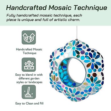 Glitzhome 8.5''D Glass Flower Shaped Hanging Multi-Color Mosaic Bird Feeder