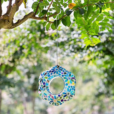 Glitzhome 8.5''D Glass Flower Shaped Hanging Multi-Color Mosaic Bird Feeder