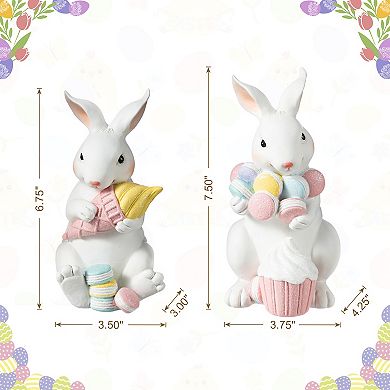 Glithome Set of 2 Easter Resin Bunny Holding Macaron Table Decor