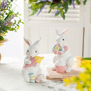 Glithome Set of 2 Easter Resin Bunny Holding Macaron Table Decor