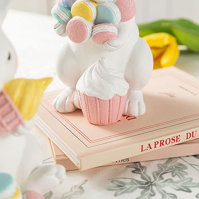 Glithome Set of 2 Easter Resin Bunny Holding Macaron Table Decor